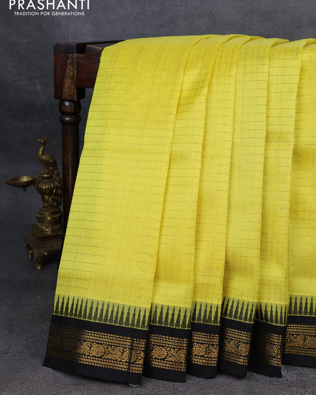 Kuppadam silk cotton saree lime yellow and black with allover zari checks & lakshadeepam weaves and zari woven border