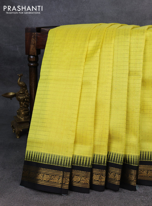Kuppadam silk cotton saree lime yellow and black with allover zari checks & lakshadeepam weaves and zari woven border