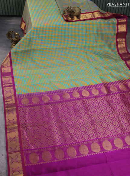 Silk Cotton saree teal green and purple with allover paalum pazhamum checks and zari woven korvai border