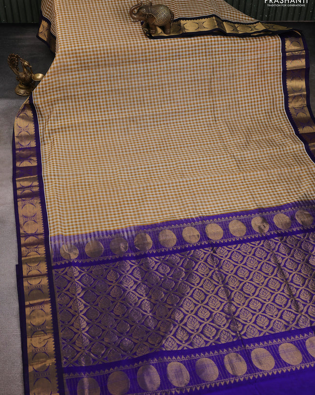 Silk Cotton saree sandal and blue with allover paalum pazhamum checks and zari woven korvai border