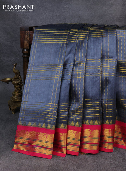 Silk Cotton saree grey and pink with allover zari woven checked pattern and zari woven korvai border
