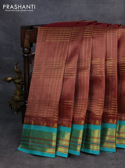 Silk Cotton saree brown and teal shade with allover zari woven checked pattern and zari woven korvai border