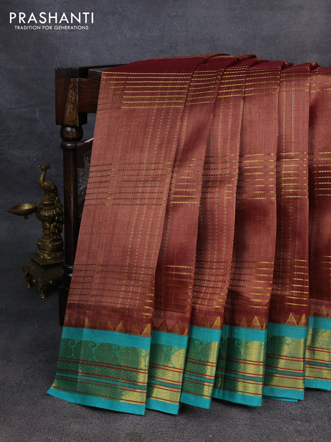 Silk Cotton saree brown and teal shade with allover zari woven checked pattern and zari woven korvai border