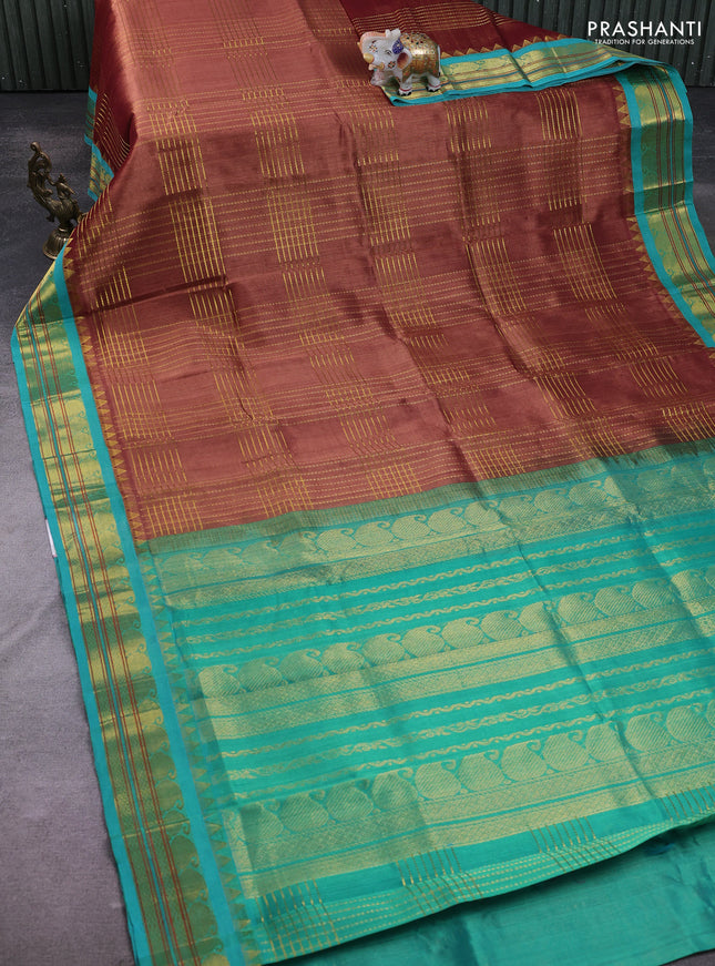 Silk Cotton saree brown and teal shade with allover zari woven checked pattern and zari woven korvai border