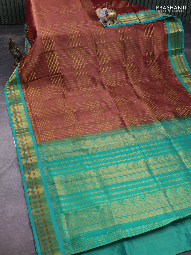 Silk Cotton saree brown and teal shade with allover zari woven checked pattern and zari woven korvai border