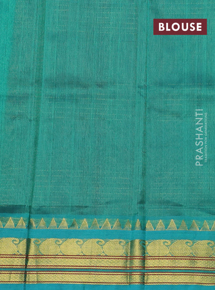 Silk Cotton saree brown and teal shade with allover zari woven checked pattern and zari woven korvai border