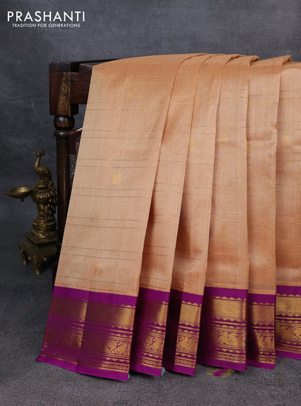 Silk Cotton saree sandal and blue with allover zari checks & buttas and zari woven korvai border