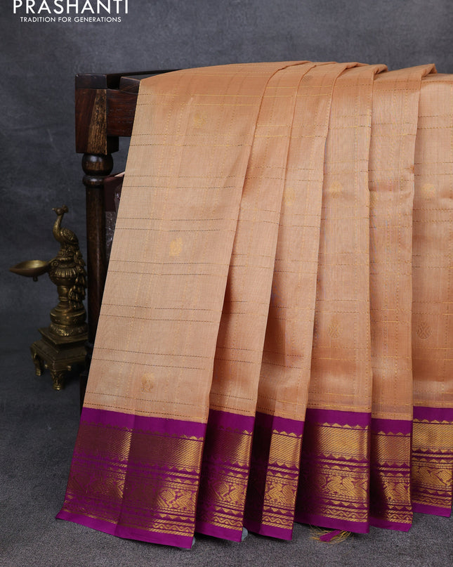 Silk Cotton saree sandal and blue with allover zari checks & buttas and zari woven korvai border