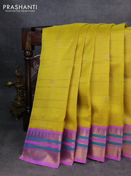 Silk Cotton saree lime yellow and lavender with allover zari checks & buttas and zari woven korvai border