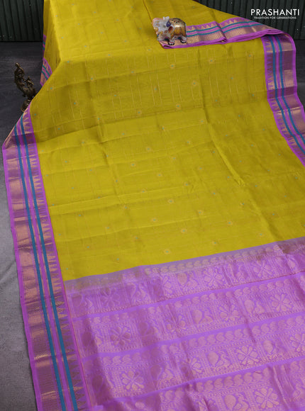 Silk Cotton saree lime yellow and lavender with allover zari checks & buttas and zari woven korvai border