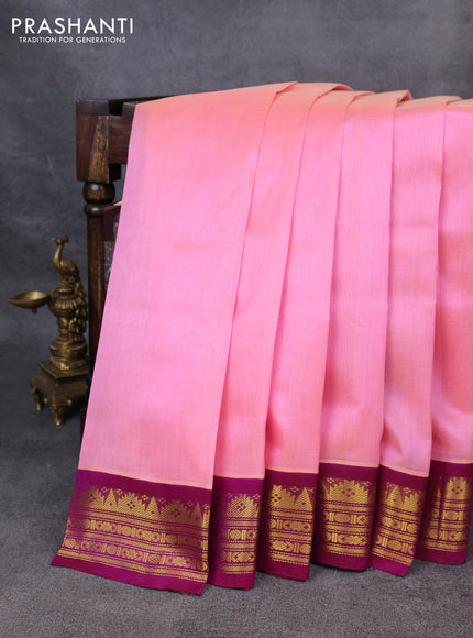 Silk Cotton saree peach pink and purple with plain body and zari woven korvai border