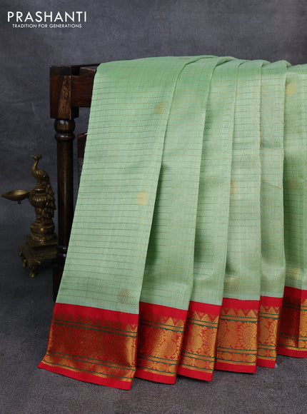 Silk Cotton saree pista green and red with allover zari checks & buttas and annam zari woven korvai border