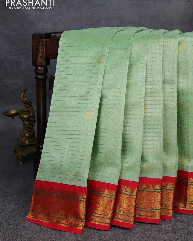 Silk Cotton saree pista green and red with allover zari checks & buttas and annam zari woven korvai border