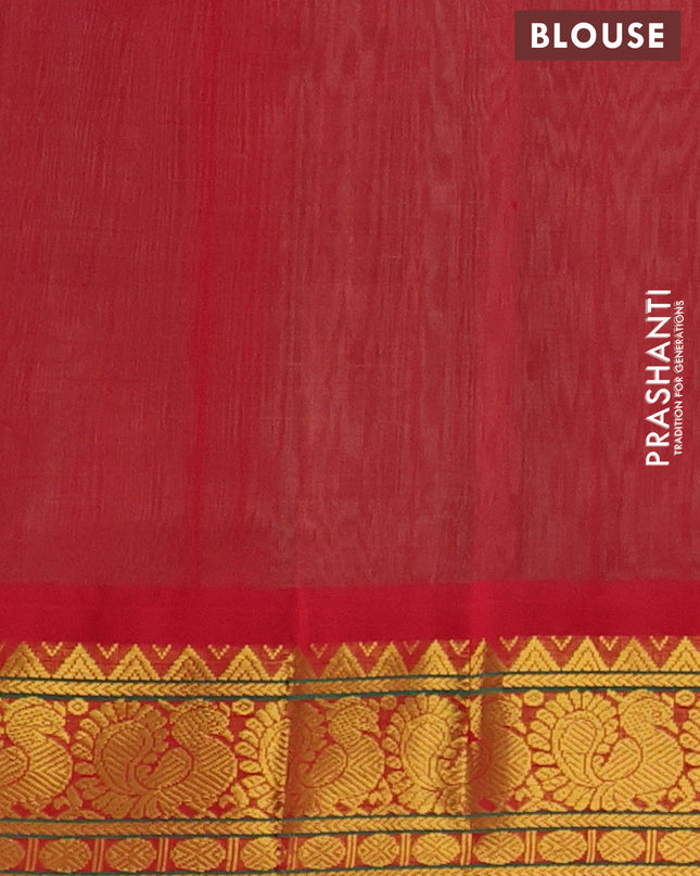 Silk Cotton saree pista green and red with allover zari checks & buttas and annam zari woven korvai border