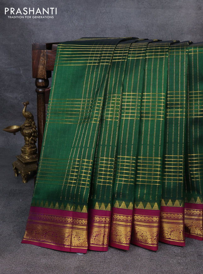 Silk Cotton saree green and purple with allover zari checked pattern and zari woven korvai border