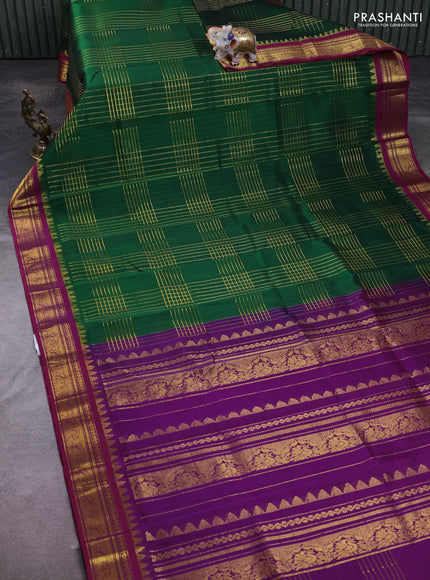 Silk Cotton saree green and purple with allover zari checked pattern and zari woven korvai border