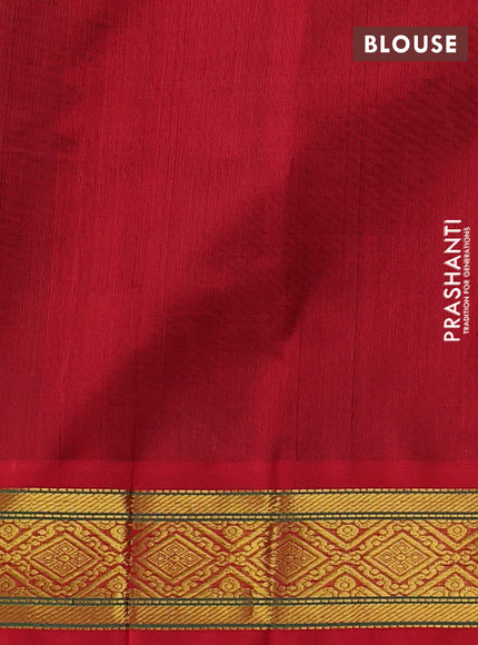 Silk Cotton saree dark green and red with plain body and zari woven korvai border
