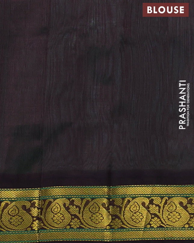 Silk Cotton saree teal green and coffee brown with plain body and zari woven korvai border