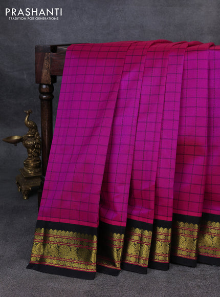 Silk Cotton saree pink and black with allover thread checked pattern and zari woven korvai border