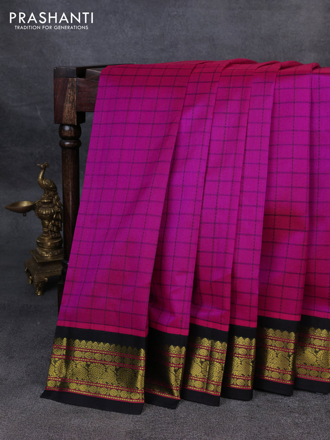 Silk Cotton saree pink and black with allover thread checked pattern and zari woven korvai border