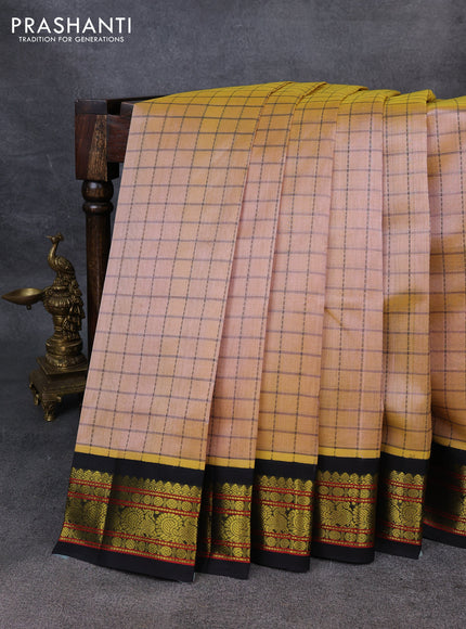 Silk Cotton saree sandal and black with allover thread checked pattern and zari woven korvai border