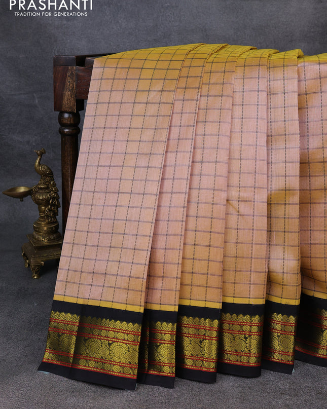 Silk Cotton saree sandal and black with allover thread checked pattern and zari woven korvai border