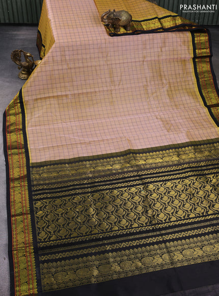 Silk Cotton saree sandal and black with allover thread checked pattern and zari woven korvai border