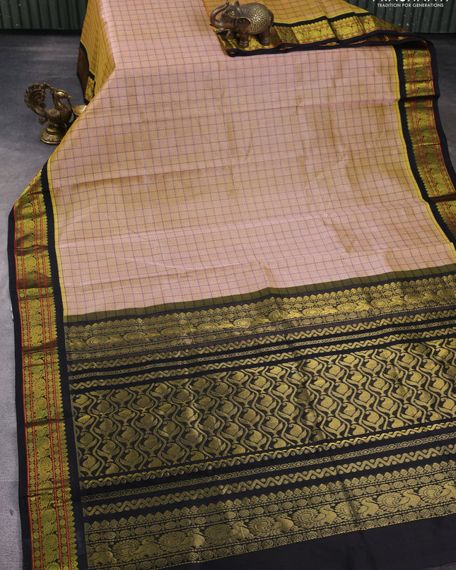 Silk Cotton saree sandal and black with allover thread checked pattern and zari woven korvai border