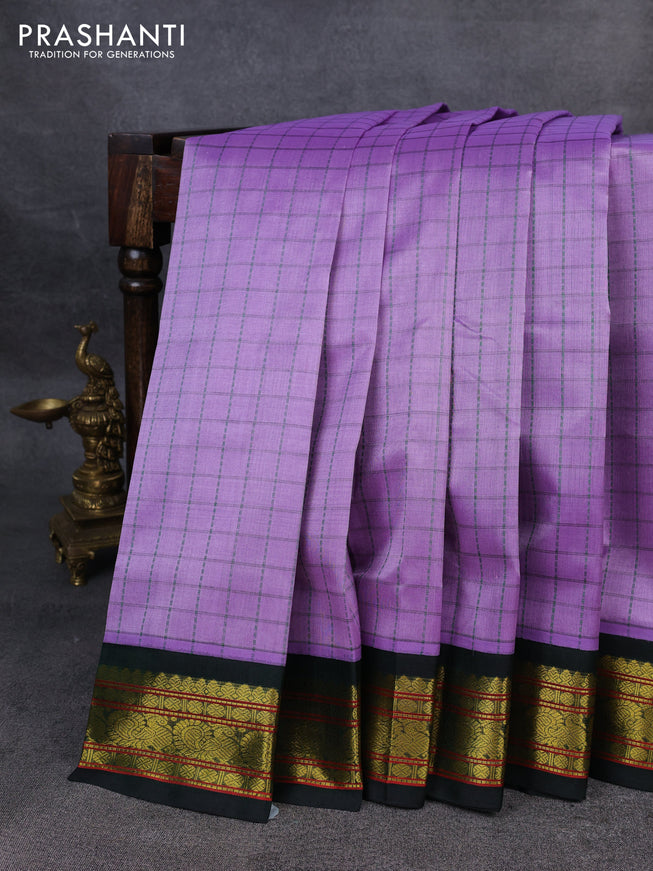 Silk Cotton saree lavender and bottle green with allover thread checked pattern and zari woven korvai border