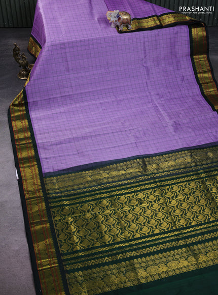Silk Cotton saree lavender and bottle green with allover thread checked pattern and zari woven korvai border