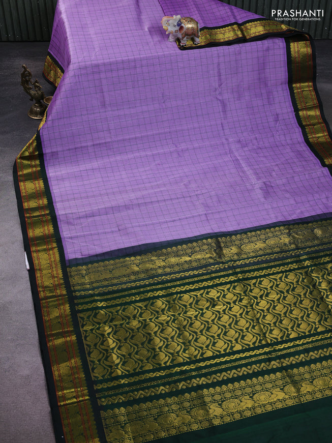 Silk Cotton saree lavender and bottle green with allover thread checked pattern and zari woven korvai border