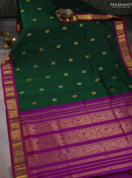 Silk Cotton saree green and purple with annam zari woven buttas and zari woven korvai border