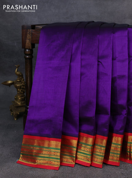 Silk Cotton saree blue and red with plain body and zari woven korvai border