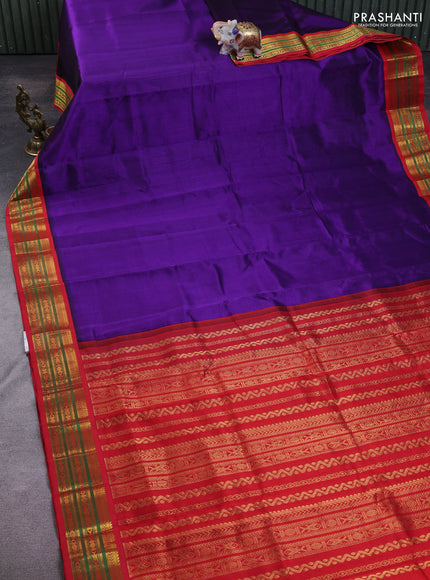Silk Cotton saree blue and red with plain body and zari woven korvai border