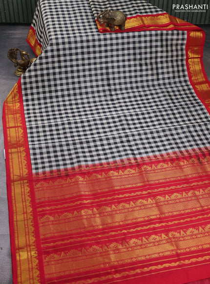 Silk Cotton saree cream black and red with allover paalum pazhamum checks and zari woven korvai border