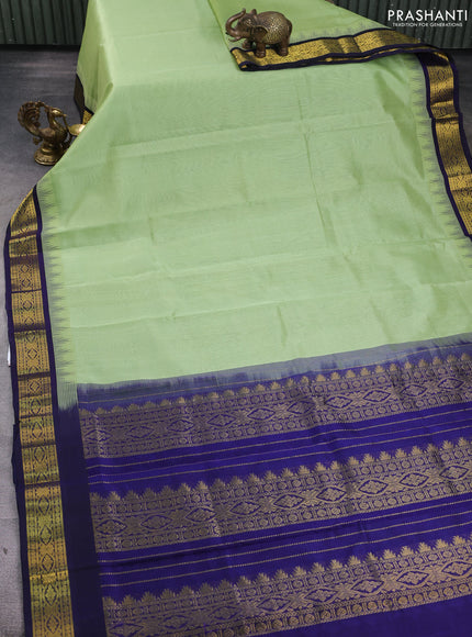 Silk Cotton saree pista green and blue with zari woven buttas and zari woven korvai border