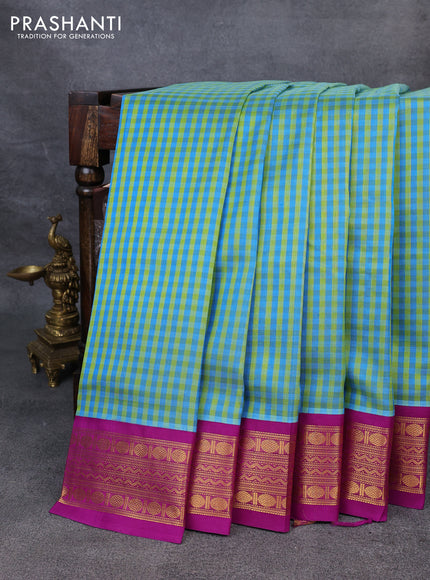 Silk Cotton saree green teal blue and purple with allover paalum pazhamum checks and zari woven korvai border