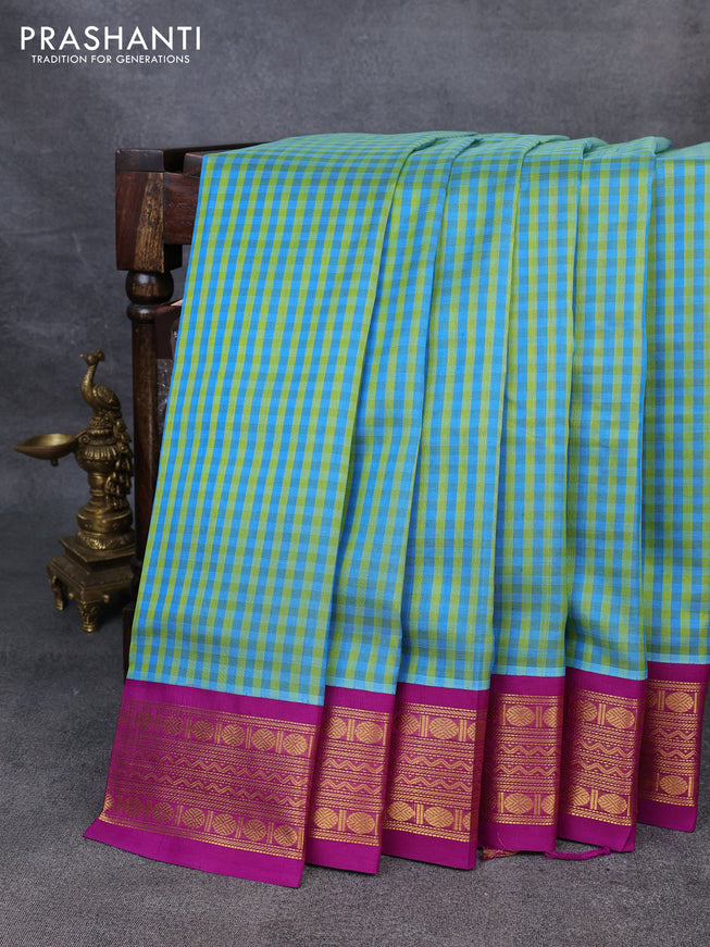 Silk Cotton saree green teal blue and purple with allover paalum pazhamum checks and zari woven korvai border