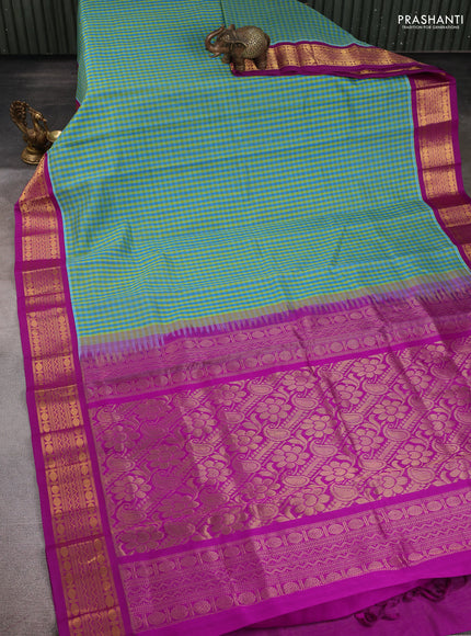 Silk Cotton saree green teal blue and purple with allover paalum pazhamum checks and zari woven korvai border