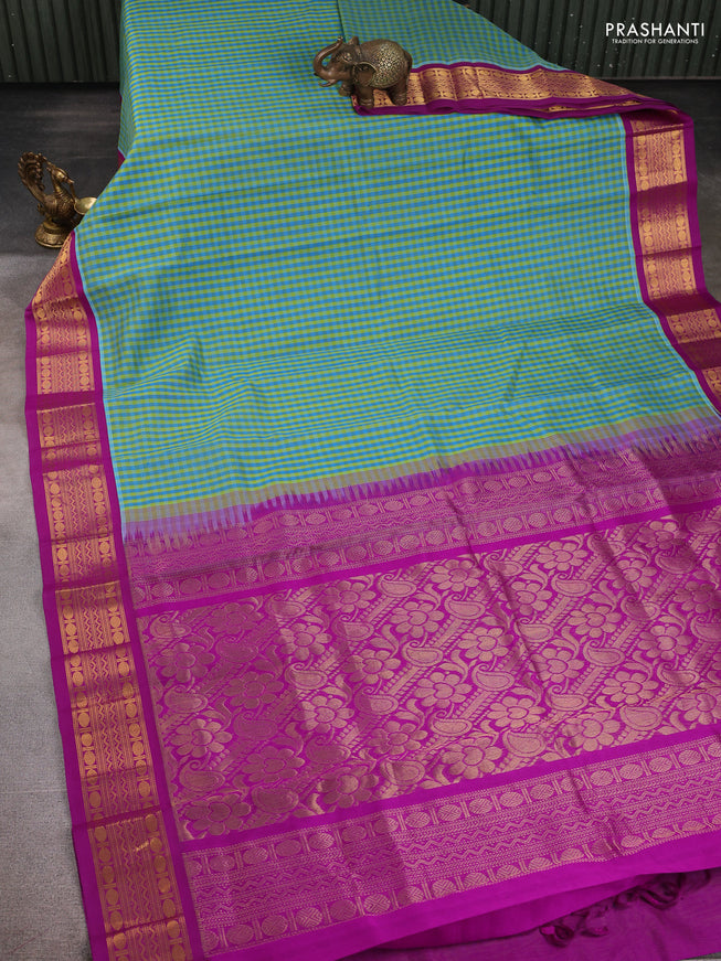 Silk Cotton saree green teal blue and purple with allover paalum pazhamum checks and zari woven korvai border