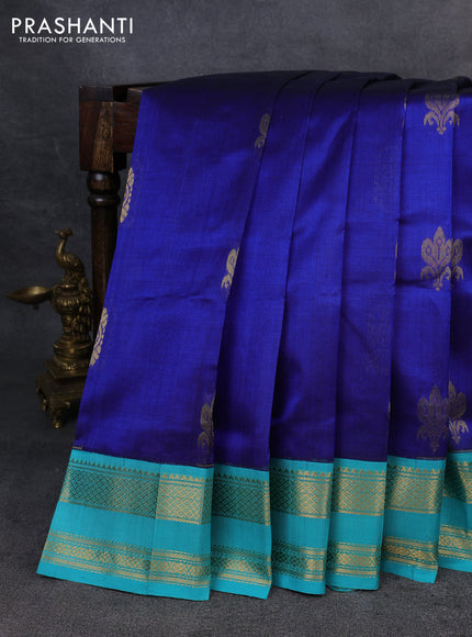 Silk Cotton saree blue and teal blue with zari woven buttas and zari woven korvai border
