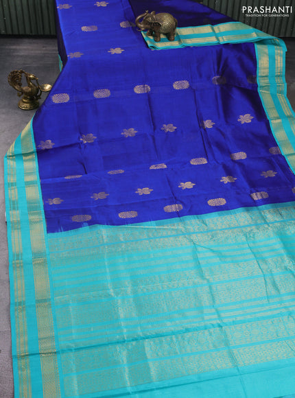 Silk Cotton saree blue and teal blue with zari woven buttas and zari woven korvai border