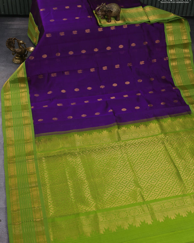 Silk Cotton saree purple and light green with zari woven buttas and zari woven korvai border