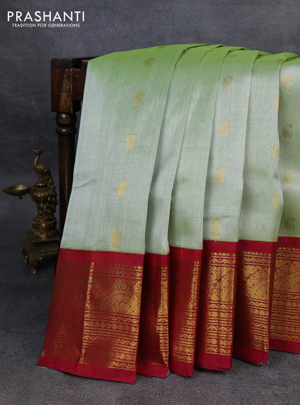 Silk Cotton saree pista green and maroon with zari woven buttas and zari woven border
