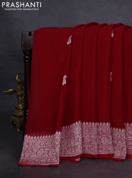 Pure banarasi chiffon silk saree red with silver zari woven buttas and silver zari woven border