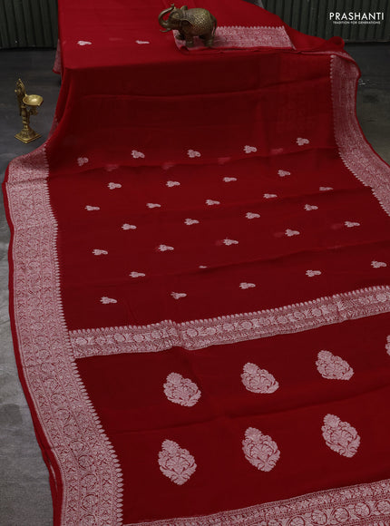 Pure banarasi chiffon silk saree red with silver zari woven buttas and silver zari woven border