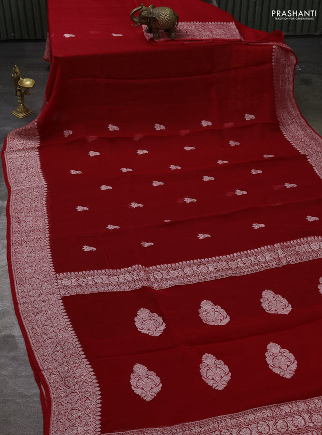 Pure banarasi chiffon silk saree red with silver zari woven buttas and silver zari woven border