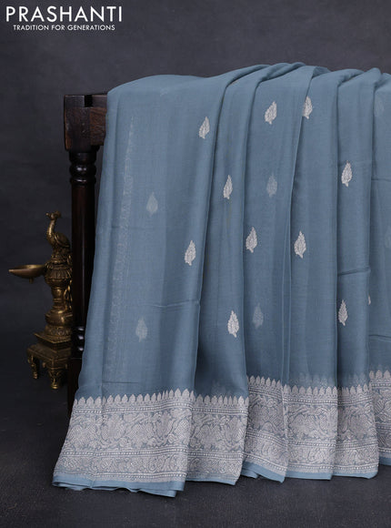 Pure banarasi chiffon silk saree grey with silver zari woven buttas and silver zari woven border