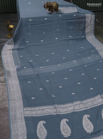 Pure banarasi chiffon silk saree grey with silver zari woven buttas and silver zari woven border