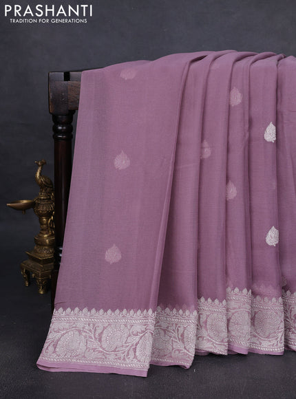 Pure banarasi chiffon silk saree mauve pink with silver zari woven buttas and silver zari woven border